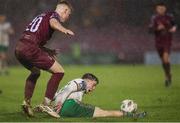 5 April 2024; Cathal O'Sullivan of Cork City in action against Charlie O'Brien of Cobh Ramblers during the SSE Airtricity Men's First Division match between Cork City and Cobh Ramblers at Turner's Cross in Cork. Photo by Michael P Ryan/Sportsfile