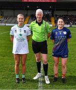 6 April 2024; Referee Declan Carolan with Carlow captain Ruth Bermingham, right, and Limerick captain Róisín Ambrose before the Lidl LGFA National League Division 4 final match between Carlow and Limerick at St Brendan’s Park in Birr, Offaly. Photo by Ben McShane/Sportsfile