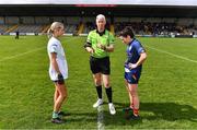 6 April 2024; Referee Declan Carolan with Carlow captain Ruth Bermingham, right, and Limerick captain Róisín Ambrose before the Lidl LGFA National League Division 4 final match between Carlow and Limerick at St Brendan’s Park in Birr, Offaly. Photo by Ben McShane/Sportsfile