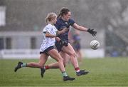 6 April 2024; Cliodhna Ni She of Carlow in action against Róisín Ambrose of Limerick during the Lidl LGFA National League Division 4 final match between Carlow and Limerick at St Brendan’s Park in Birr, Offaly. Photo by Ben McShane/Sportsfile