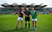 6 April 2024; Captains Sean Kelly of Galway, left, and Eoin Walsh of London, shake hands in the company of referee Liam Devenney, before the Connacht GAA Football Senior Championship quarter-final match between London and Galway at McGovern Park in Ruislip, England. Photo by Brendan Moran/Sportsfile