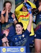 6 April 2024; Carlow captain Ruth Bermingham lifts the cup after during the Lidl LGFA National League Division 4 final match between Carlow and Limerick at St Brendan’s Park in Birr, Offaly. Photo by Ben McShane/Sportsfile