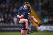 6 April 2024; Niamh Forde, left, and Cliodhna Ni She of Carlow celebrate after the Lidl LGFA National League Division 4 final match between Carlow and Limerick at St Brendan’s Park in Birr, Offaly. Photo by Ben McShane/Sportsfile