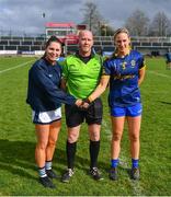 6 April 2024; Referee Barry Redmond with Clare captain Caoimhe Harvey, left, and Roscommon captain Ellen Irwin before the Lidl LGFA National League Division 3 final match between Clare and Roscommon at St Brendan’s Park in Birr, Offaly. Photo by Ben McShane/Sportsfile