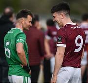 6 April 2024; Team captains Eoin Walsh of London, left, and Sean Kelly of Galway, both from Moycullen in Galway, speak after the Connacht GAA Football Senior Championship quarter-final match between London and Galway at McGovern Park in Ruislip, England. Photo by Brendan Moran/Sportsfile