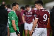 6 April 2024; Team captains Eoin Walsh of London, left, and Sean Kelly of Galway, both from Moycullen in Galway, speak after the Connacht GAA Football Senior Championship quarter-final match between London and Galway at McGovern Park in Ruislip, England. Photo by Brendan Moran/Sportsfile