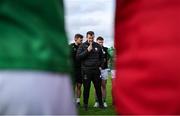 6 April 2024; London manager Michael Maher addresses his players after the Connacht GAA Football Senior Championship quarter-final match between London and Galway at McGovern Park in Ruislip, England. Photo by Brendan Moran/Sportsfile