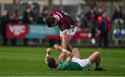 6 April 2024; Paul Conroy of Galway and Michael Miller of London at the final whistle of the Connacht GAA Football Senior Championship quarter-final match between London and Galway at McGovern Park in Ruislip, England. Photo by Brendan Moran/Sportsfile