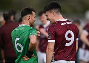 6 April 2024; Team captains Eoin Walsh of London, left, and Sean Kelly of Galway, both from Moycullen in Galway, speak after the Connacht GAA Football Senior Championship quarter-final match between London and Galway at McGovern Park in Ruislip, England. Photo by Brendan Moran/Sportsfile