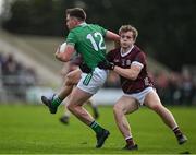 6 April 2024; Ciaran Diver of London is tackled by Johnny McGrath of Galway during the Connacht GAA Football Senior Championship quarter-final match between London and Galway at McGovern Park in Ruislip, England. Photo by Brendan Moran/Sportsfile