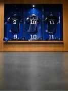 6 April 2024; A general view of the jerseys of Jamison Gibson-Park, Ross Byrne and James Lowe before the Investec Champions Cup Round of 16 match between Leinster and Leicester Tigers at the Aviva Stadium in Dublin. Photo by Ramsey Cardy/Sportsfile
