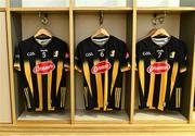 6 April 2024; The jerseys of Kilkenny players, from left, David Blanchfield, Paddy Deegan and Richie Reid in the dressing room before the Allianz Hurling League Division 1 final match between Clare and Kilkenny at FBD Semple Stadium in Thurles, Tipperary. Photo by Piaras Ó Mídheach/Sportsfile