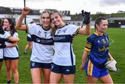 6 April 2024; Siofra Ni Chonaill, left, and Aisling Reidy of Clare celebrate after the Lidl LGFA National League Division 3 final match between Clare and Roscommon at St Brendan’s Park in Birr, Offaly. Photo by Ben McShane/Sportsfile