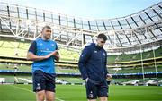 6 April 2024; Ross Molony, left, and Harry Byrne of Leinster before the Investec Champions Cup Round of 16 match between Leinster and Leicester Tigers at the Aviva Stadium in Dublin. Photo by Ramsey Cardy/Sportsfile