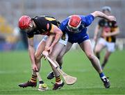 6 April 2024; Adrian Mullen of Kilkenny is tackled by Conor Leen of Clare during the Allianz Hurling League Division 1 final match between Clare and Kilkenny at FBD Semple Stadium in Thurles, Tipperary. Photo by Piaras Ó Mídheach/Sportsfile