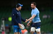 6 April 2024; Jack Conan of Leinster and Leinster backs coach Andrew Goodman before the Investec Champions Cup Round of 16 match between Leinster and Leicester Tigers at the Aviva Stadium in Dublin. Photo by Ramsey Cardy/Sportsfile