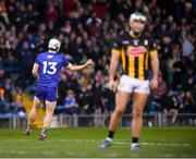 6 April 2024; Aidan McCarthy of Clare celebrates after scoring his side's first goal, in contrast to Paddy Deegan of Kilkenny, right, during the Allianz Hurling League Division 1 final match between Clare and Kilkenny at FBD Semple Stadium in Thurles, Tipperary. Photo by John Sheridan/Sportsfile