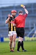 6 April 2024; Adrian Mullen of Kilkenny is shown a Yellow Card by referee Johnny Murphy during the Allianz Hurling League Division 1 final match between Clare and Kilkenny at FBD Semple Stadium in Thurles, Tipperary. Photo by Piaras Ó Mídheach/Sportsfile