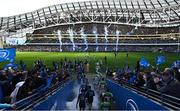 6 April 2024; Leinster and Leicester players walk out before the Investec Champions Cup Round of 16 match between Leinster and Leicester Tigers at the Aviva Stadium in Dublin. Photo by Seb Daly/Sportsfile