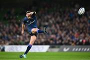6 April 2024; Ross Byrne of Leinster kicks a penalty during the Investec Champions Cup Round of 16 match between Leinster and Leicester Tigers at the Aviva Stadium in Dublin. Photo by Ramsey Cardy/Sportsfile