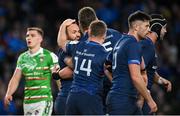 6 April 2024; Jamison Gibson-Park of Leinster, left, celebrates with teammates after scoring their side's first try during the Investec Champions Cup Round of 16 match between Leinster and Leicester Tigers at the Aviva Stadium in Dublin. Photo by Seb Daly/Sportsfile