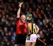 6 April 2024; Referee Johnny Murphy and Tommy Walsh of Kilkenny appear to see a funny side to Murphy receiving a Yellow Card during the Allianz Hurling League Division 1 final match between Clare and Kilkenny at FBD Semple Stadium in Thurles, Tipperary. Photo by Piaras Ó Mídheach/Sportsfile
