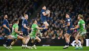 6 April 2024; Hugo Keenan of Leinster claims a high ball during the Investec Champions Cup Round of 16 match between Leinster and Leicester Tigers at the Aviva Stadium in Dublin. Photo by Seb Daly/Sportsfile