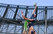 6 April 2024; Ryan Baird of Leinster and Hanro Liebenberg of Leicester Tigers battle for possession in a line-out during the Investec Champions Cup Round of 16 match between Leinster and Leicester Tigers at the Aviva Stadium in Dublin. Photo by Tyler Miller/Sportsfile
