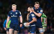 6 April 2024; Jamison Gibson-Park of Leinster celebrates with team-mate Ross Molony, right, after scoring their side's third try during the Investec Champions Cup Round of 16 match between Leinster and Leicester Tigers at the Aviva Stadium in Dublin. Photo by Ramsey Cardy/Sportsfile