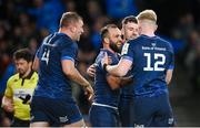 6 April 2024; Jamison Gibson-Park of Leinster, second from left, celebrates with teammates after scoring their side's third try during the Investec Champions Cup Round of 16 match between Leinster and Leicester Tigers at the Aviva Stadium in Dublin. Photo by Seb Daly/Sportsfile