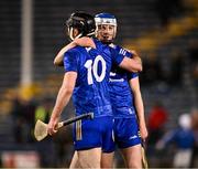 6 April 2024; Clare players Cathal Malone, 10, and Diarmuid Ryan celebrate after the Allianz Hurling League Division 1 final match between Clare and Kilkenny at FBD Semple Stadium in Thurles, Tipperary. Photo by Piaras Ó Mídheach/Sportsfile