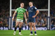 6 April 2024; Jamie Shillcock of Leicester Tigers and James Lowe of Leinster during the Investec Champions Cup Round of 16 match between Leinster and Leicester Tigers at the Aviva Stadium in Dublin. Photo by Seb Daly/Sportsfile