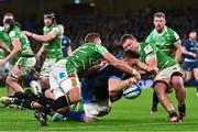 6 April 2024; Jack Conan of Leinster dives over to score his side's fifth which was subsequently disallowed during the Investec Champions Cup Round of 16 match between Leinster and Leicester Tigers at the Aviva Stadium in Dublin. Photo by Tyler Miller/Sportsfile
