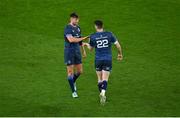 6 April 2024; Ross Byrne of Leinster, left, is replaced by teammate Harry Byrne during a substitution during the Investec Champions Cup Round of 16 match between Leinster and Leicester Tigers at the Aviva Stadium in Dublin. Photo by Seb Daly/Sportsfile