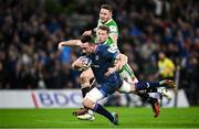 6 April 2024; Jack Conan of Leinster dives over to score his side's fifth try despite the tackle of Tom Whiteley of Leicester Tigers during the Investec Champions Cup Round of 16 match between Leinster and Leicester Tigers at the Aviva Stadium in Dublin. Photo by Ramsey Cardy/Sportsfile