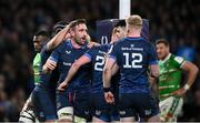 6 April 2024; Jack Conan of Leinster celebrates with teamates after scoring their side's fifth try during the Investec Champions Cup Round of 16 match between Leinster and Leicester Tigers at the Aviva Stadium in Dublin. Photo by Ramsey Cardy/Sportsfile