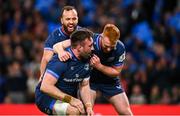 6 April 2024; Jack Conan of Leinster, centre, celebrates with team-mates Ciarán Frawley, right, and Jamison Gibson-Park after scoring his side's fifth try during the Investec Champions Cup Round of 16 match between Leinster and Leicester Tigers at the Aviva Stadium in Dublin. Photo by Tyler Miller/Sportsfile