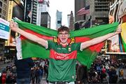 6 April 2024; Mayo supporter Donnacha Harbison from Termonfeckin in Louth at Times Square before the Connacht GAA Football Senior Championship quarter-final match between New York and Mayo at Gaelic Park in New York, USA. Photo by Sam Barnes/Sportsfile
