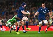 6 April 2024; Ryan Baird of Leinster is tackled by Emeka Ilione of Leicester Tigers during the Investec Champions Cup Round of 16 match between Leinster and Leicester Tigers at the Aviva Stadium in Dublin. Photo by Tyler Miller/Sportsfile