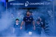6 April 2024; Leinster captain Caelan Doris leads his side out before the Investec Champions Cup Round of 16 match between Leinster and Leicester Tigers at the Aviva Stadium in Dublin. Photo by Ramsey Cardy/Sportsfile