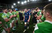 6 April 2024; Leinster captain Caelan Doris after his side's victory in the Investec Champions Cup Round of 16 match between Leinster and Leicester Tigers at the Aviva Stadium in Dublin. Photo by Ramsey Cardy/Sportsfile