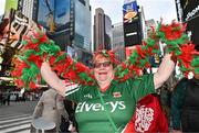 6 April 2024; Mayo supporter Rosemarie Hester, originally from Ballyhaunis but living in the UK, pictured in Times Square ahead of the Connacht GAA Football Senior Championship quarter-final match between New York and Mayo at Gaelic Park in New York, USA. Photo by Sam Barnes/Sportsfile