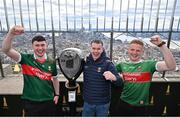 6 April 2024; Mayo supporters, from left, Josh Carney, Ethan Duffy and Mathew Dillon from Ballaghaderreen in Mayo at the Empire State Building before the Connacht GAA Football Senior Championship quarter-final match between New York and Mayo at Gaelic Park in New York, USA. Photo by Sam Barnes/Sportsfile