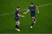6 April 2024; Leinster players Hugo Keenan, right, and Jordan Larmour during the Investec Champions Cup Round of 16 match between Leinster and Leicester Tigers at the Aviva Stadium in Dublin. Photo by Seb Daly/Sportsfile