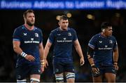 6 April 2024; Leinster players Ross Molony, centre, Jason Jenkins, left, and Michael Ala'alatoa during the Investec Champions Cup Round of 16 match between Leinster and Leicester Tigers at the Aviva Stadium in Dublin. Photo by Seb Daly/Sportsfile