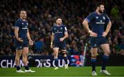 6 April 2024; Leinster players Hugo Keenan, centre, James Lowe, left, and Robbie Henshaw during the Investec Champions Cup Round of 16 match between Leinster and Leicester Tigers at the Aviva Stadium in Dublin. Photo by Seb Daly/Sportsfile