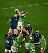 6 April 2024; Harry Wells of Leicester Tigers and Ross Molony of Leinster contest a line-out during the Investec Champions Cup Round of 16 match between Leinster and Leicester Tigers at the Aviva Stadium in Dublin. Photo by Seb Daly/Sportsfile