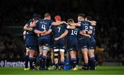 6 April 2024; Leinster players huddle during the Investec Champions Cup Round of 16 match between Leinster and Leicester Tigers at the Aviva Stadium in Dublin. Photo by Seb Daly/Sportsfile