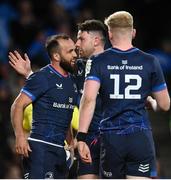 6 April 2024; Jamison Gibson-Park of Leinster, second from left, celebrates with teammates after scoring their side's third try during the Investec Champions Cup Round of 16 match between Leinster and Leicester Tigers at the Aviva Stadium in Dublin. Photo by Seb Daly/Sportsfile