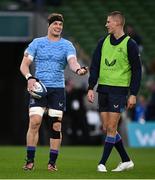 6 April 2024; Josh van der Flier, left, and Sam Prendergast of Leinster before the Investec Champions Cup Round of 16 match between Leinster and Leicester Tigers at the Aviva Stadium in Dublin. Photo by Ramsey Cardy/Sportsfile
